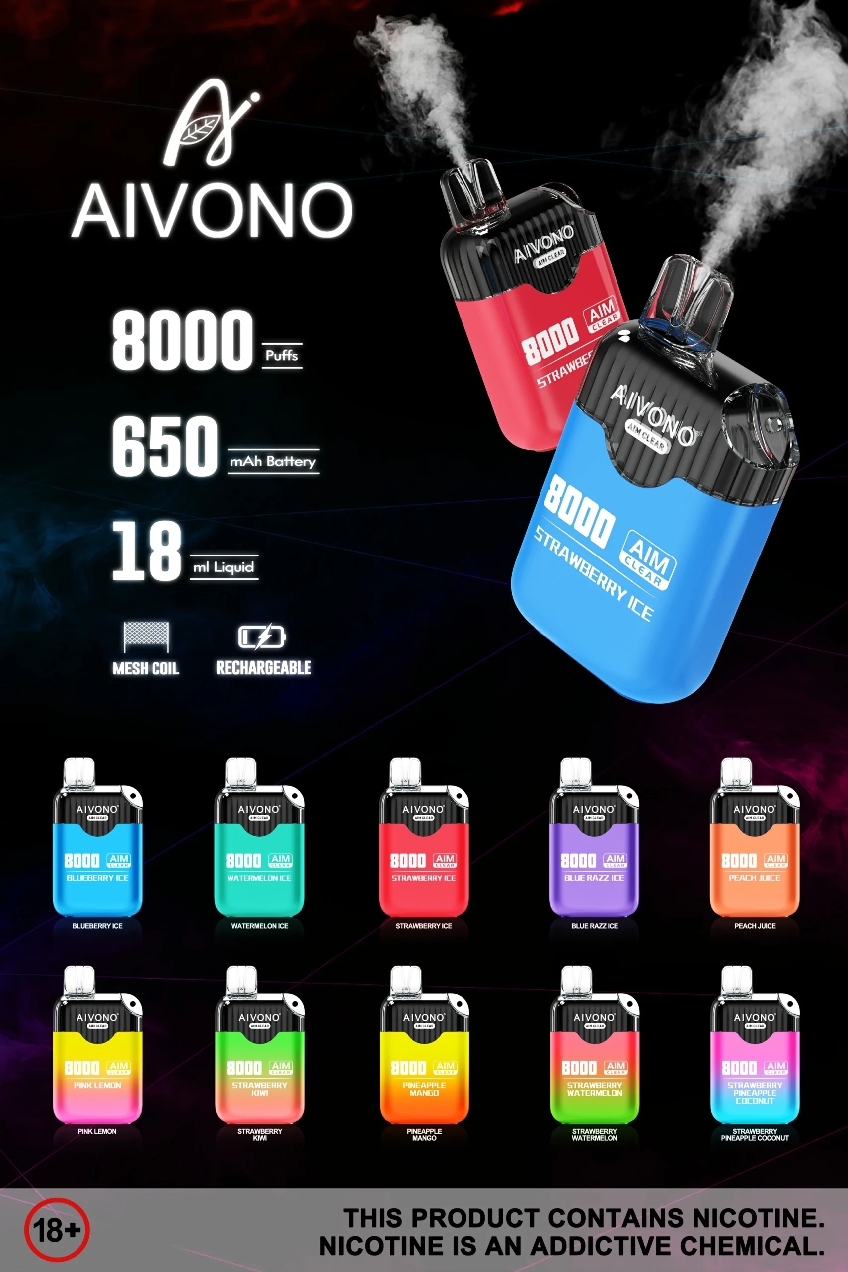 AIVONO AIM CLEAR 8000 Puffs 0% 2% 5% Low Nicotine Rechargeable Disposable Vapes Pen Bulk Buy Wholesale