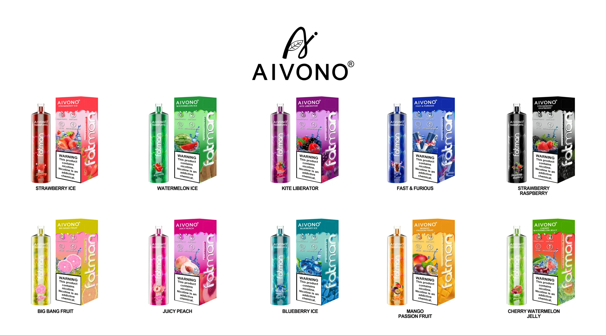 AIVONO FATMAN 15000 Puffs 0% 2% 3% 5% Low Nicotine Rechargeable Disposable Vapes Pen Bulk Buy Wholesale