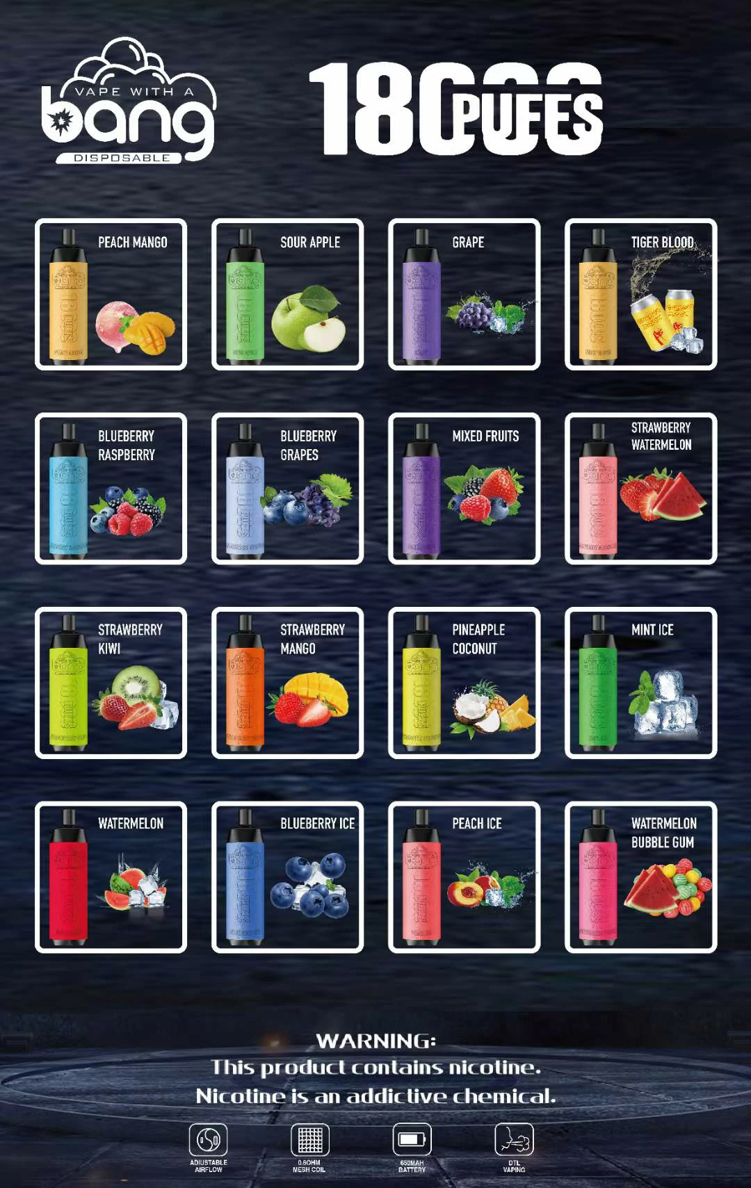 Bang Crown Bar 18000 Puffs 0% 2% 3% 5% Low Nicotine Bulk Buy Rechargeable Disposable Vapes Pen Wholesale