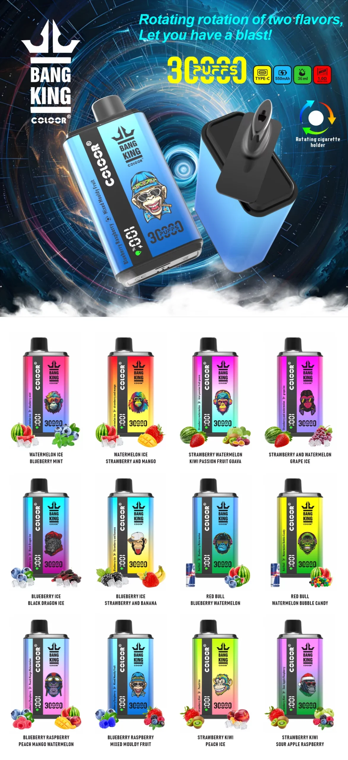 Bang King 30000 Puffs Double Flavor 0% 2% 3% 5% Low Nicotine Rechargeable Disposable Vapes Pen Bulk Buy Wholesale