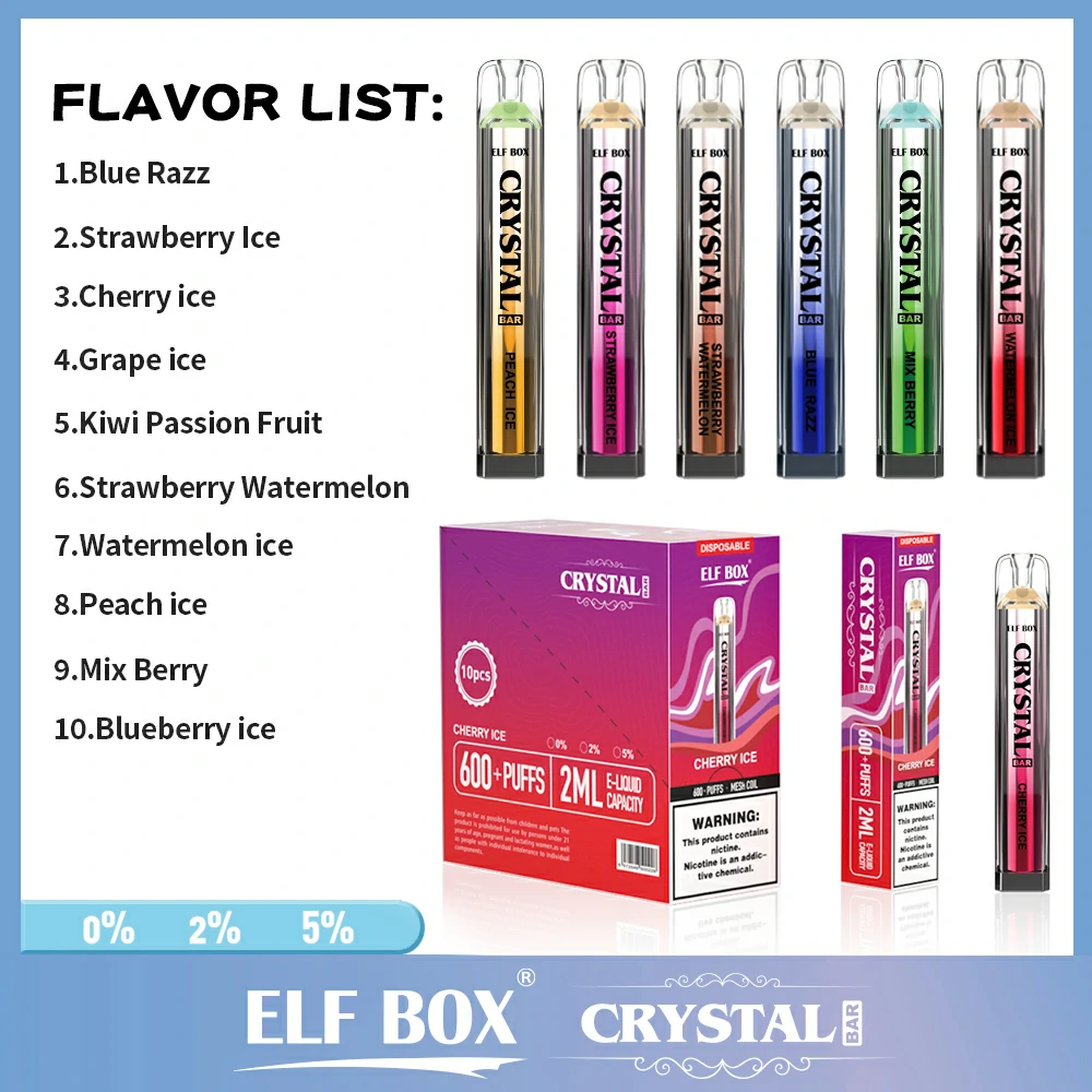 ELF BOX CRYSTAL BAR 600 Puffs 0% 2% 5% Nicotine Rechargeable Disposable vape Wholesale