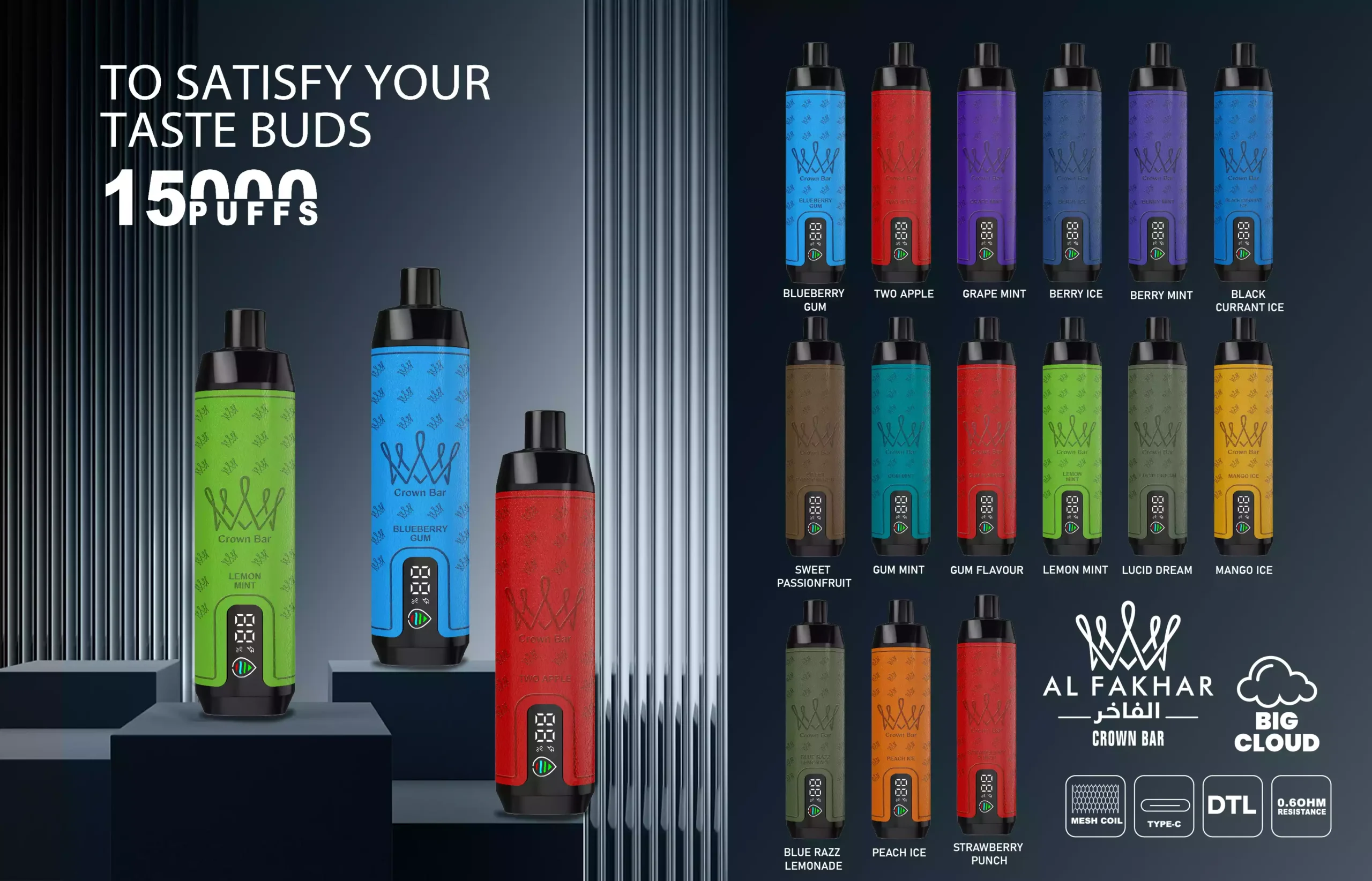 Al Fakhar Crown Bar 15000 Puffs DTL LED Display 2% Low Nicotine Rechargeable Disposable Vapes Pen Bulk Buy Wholesale