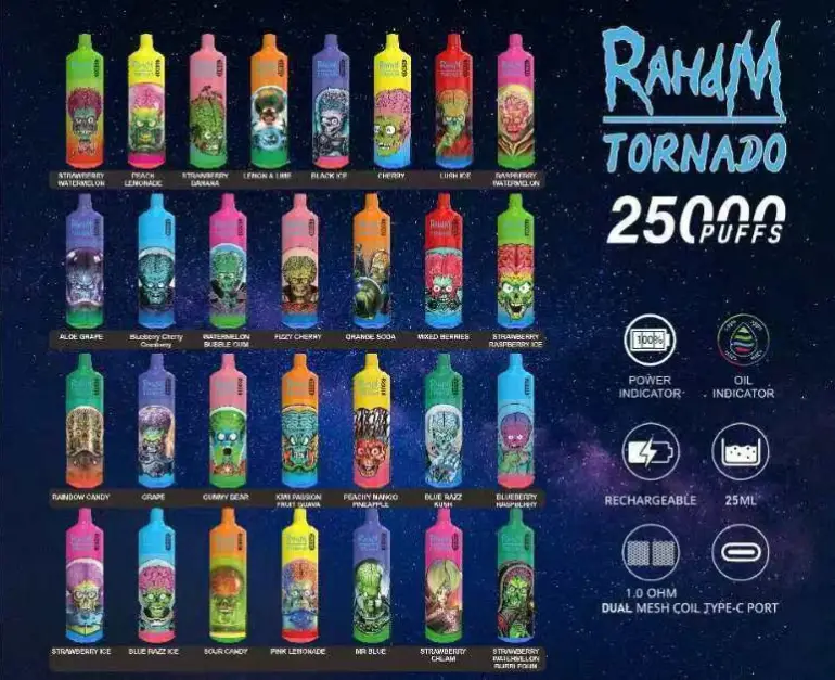 RahdM Tornado 25000 Puffs 2% Low Nicotine Rechargeable Disposable Vapes Pen Bulk Buy Wholesale