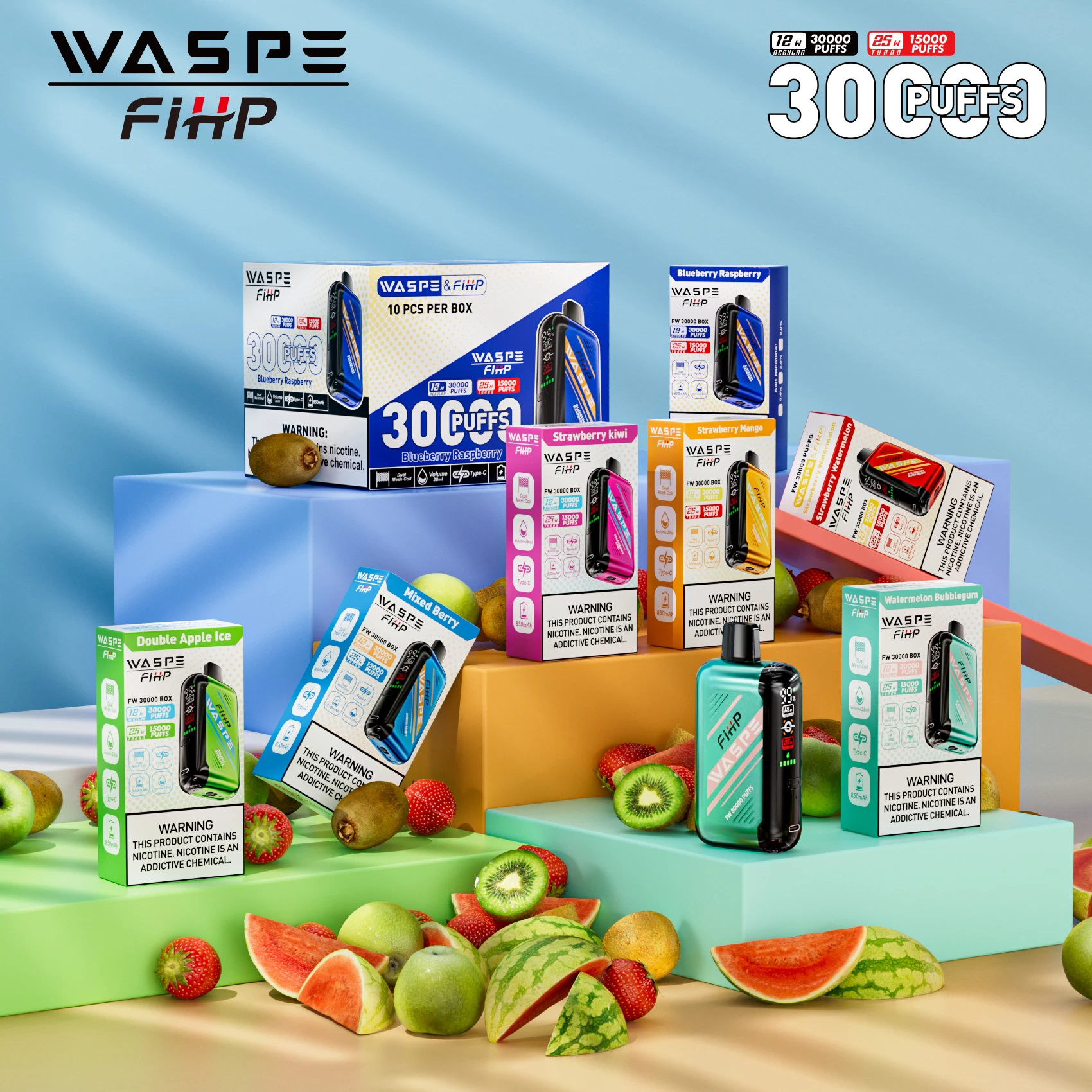 WASPE FIHP 30000 Puffs Dual Mesh 0% 2% 5% LED Display Low Nicotine Rechargeable Disposable Vapes Pen Bulk Buy Wholesale