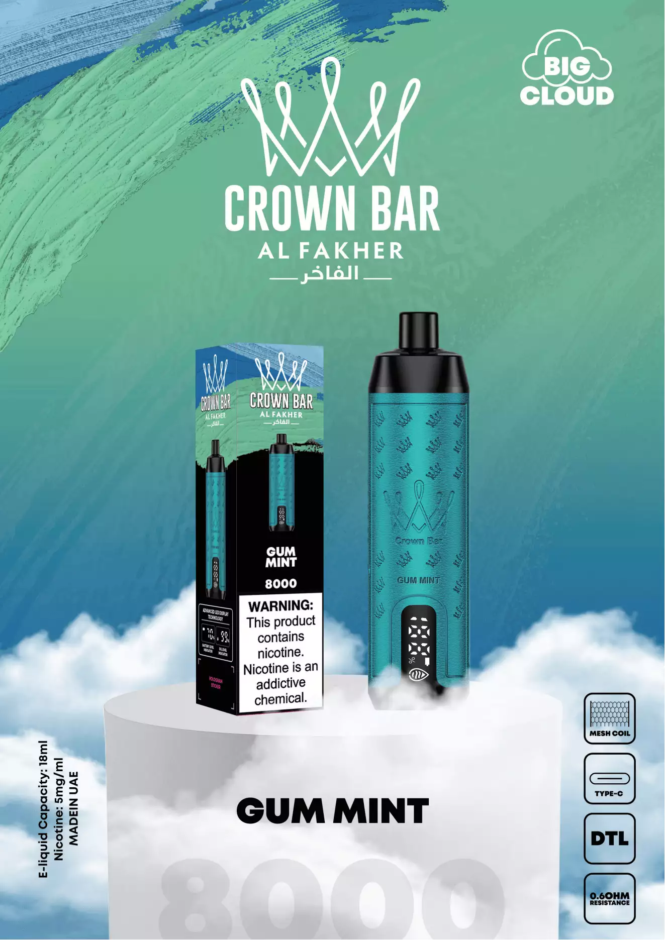 Al Fakher Crown Bar Pro 8000 Puffs LED Display Screen Low Nicotine Rechargeable Disposable Vapes Pen Bulk Buy Wholesale